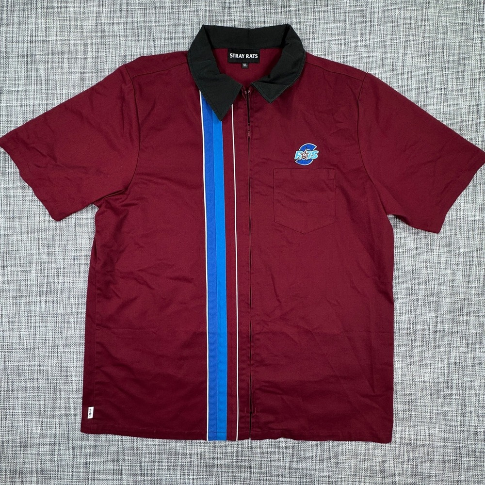 Stray Rats Men's Work Shirt Zip Up Racing Stripe Logo Maroon XL Streetwear Retro